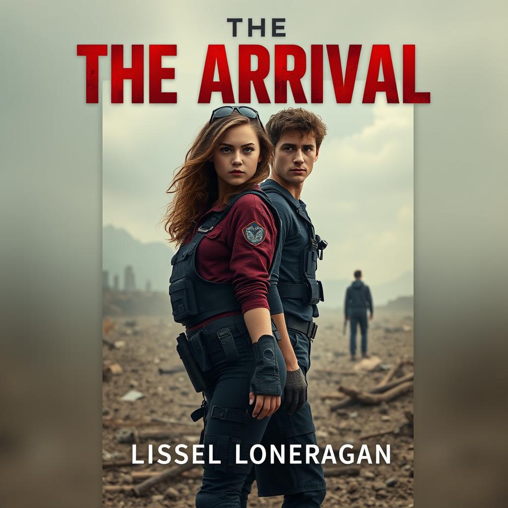 A highly realistic book cover design featuring a teen girl and a teen boy set in a dystopian landscape