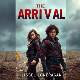 A highly realistic book cover design featuring a teen girl and a teen boy set in a dystopian landscape