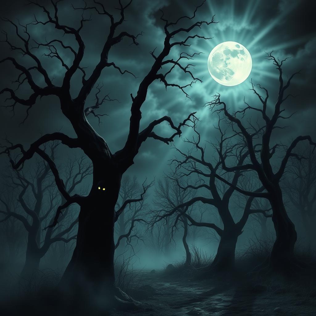 A dark and ominous scene depicting a haunted forest under a moonlit night