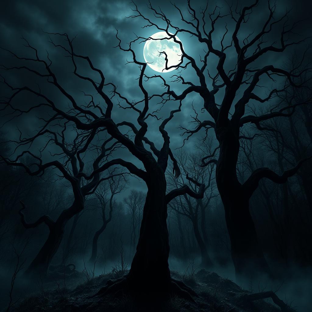 A dark and ominous scene depicting a haunted forest under a moonlit night