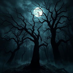 A dark and ominous scene depicting a haunted forest under a moonlit night