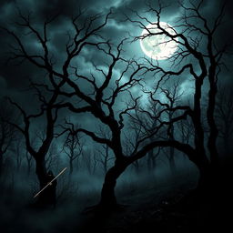 A dark and ominous scene depicting a haunted forest under a moonlit night