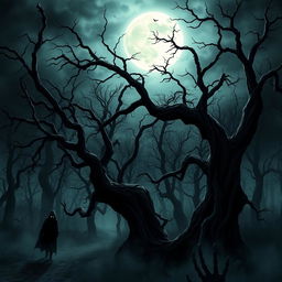 A dark and ominous scene depicting a haunted forest under a moonlit night