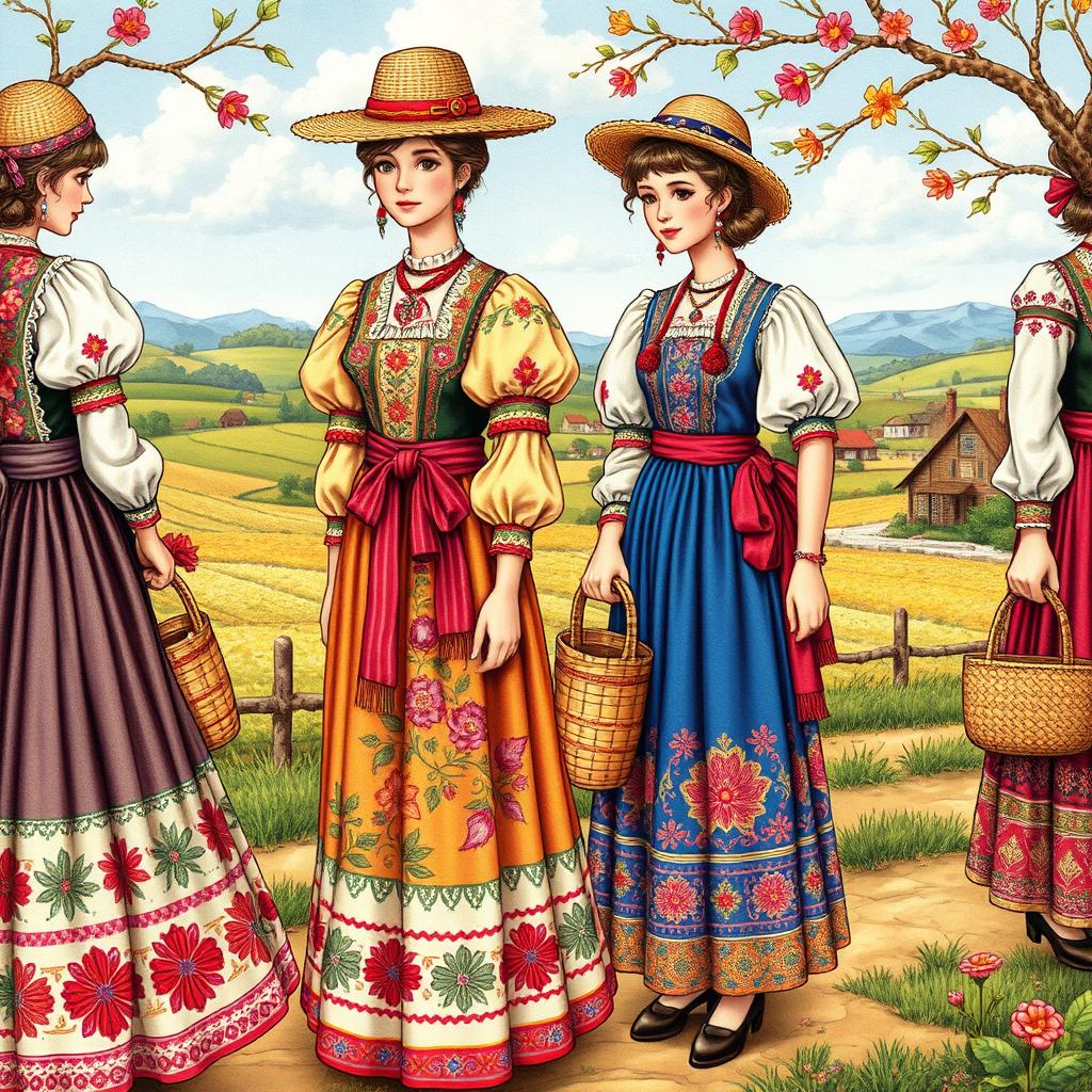 A vibrant and detailed illustration of ornate peasant attires, showcasing intricate stitching and patterns