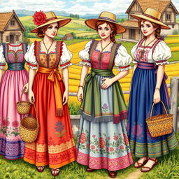 A vibrant and detailed illustration of ornate peasant attires, showcasing intricate stitching and patterns