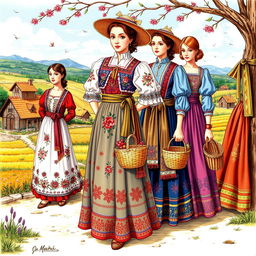 A vibrant and detailed illustration of ornate peasant attires, showcasing intricate stitching and patterns