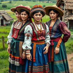 A vibrant and detailed depiction of ornate peasant attires, showcasing a variety of traditional clothing styles from different cultures