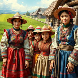 A vibrant and detailed depiction of ornate peasant attires, showcasing a variety of traditional clothing styles from different cultures