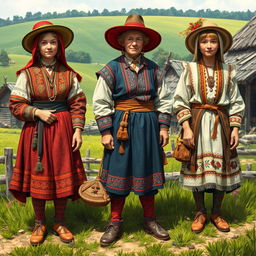 A vibrant and detailed depiction of ornate peasant attires, showcasing a variety of traditional clothing styles from different cultures