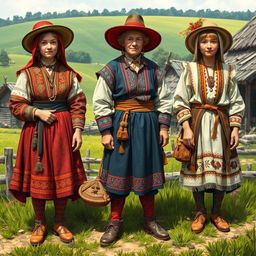 A vibrant and detailed depiction of ornate peasant attires, showcasing a variety of traditional clothing styles from different cultures