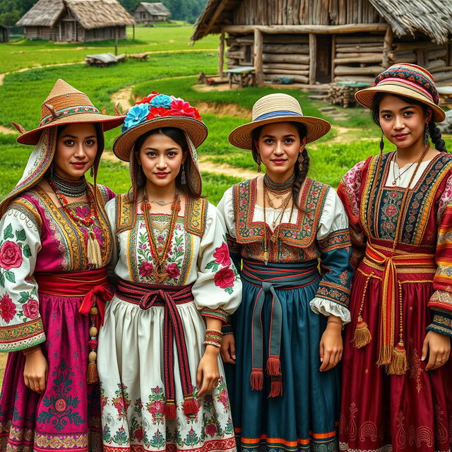 A vibrant and detailed depiction of ornate peasant attires, showcasing a variety of traditional clothing styles from different cultures