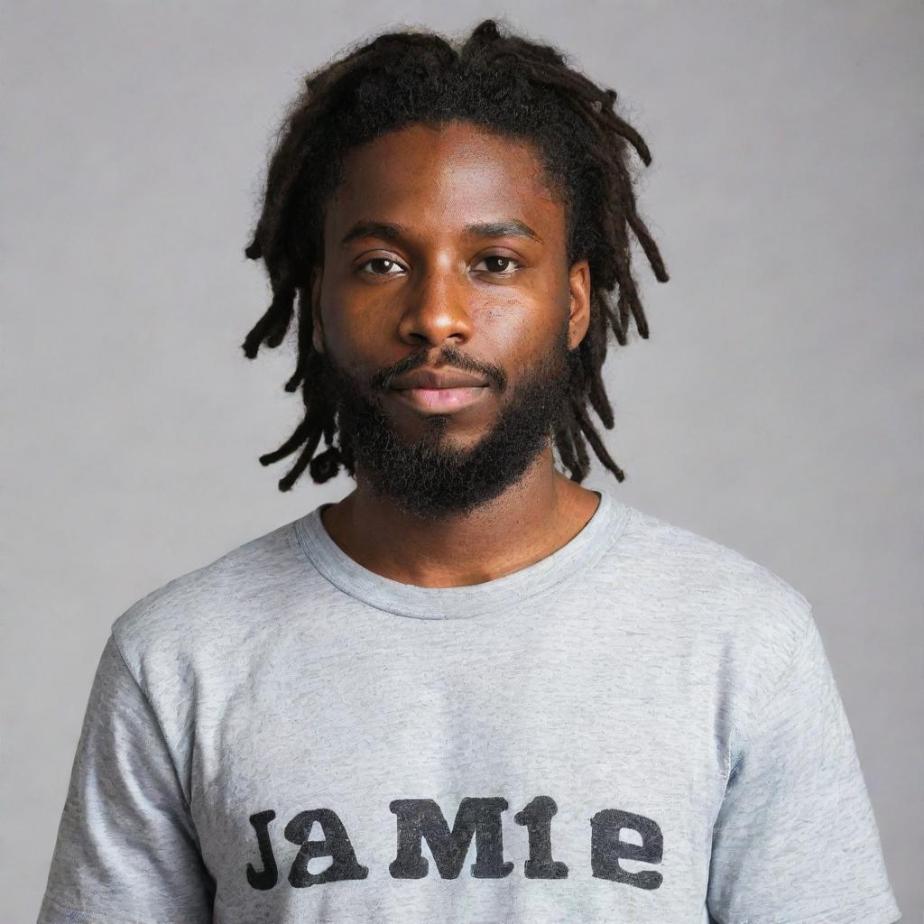 A handsome dark-skinned boy with a beard and dreadlocks. He's wearing a shirt with the word 'Jamine' written on the front of it.