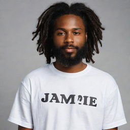 A handsome dark-skinned boy with a beard and dreadlocks. He's wearing a shirt with the word 'Jamine' written on the front of it.