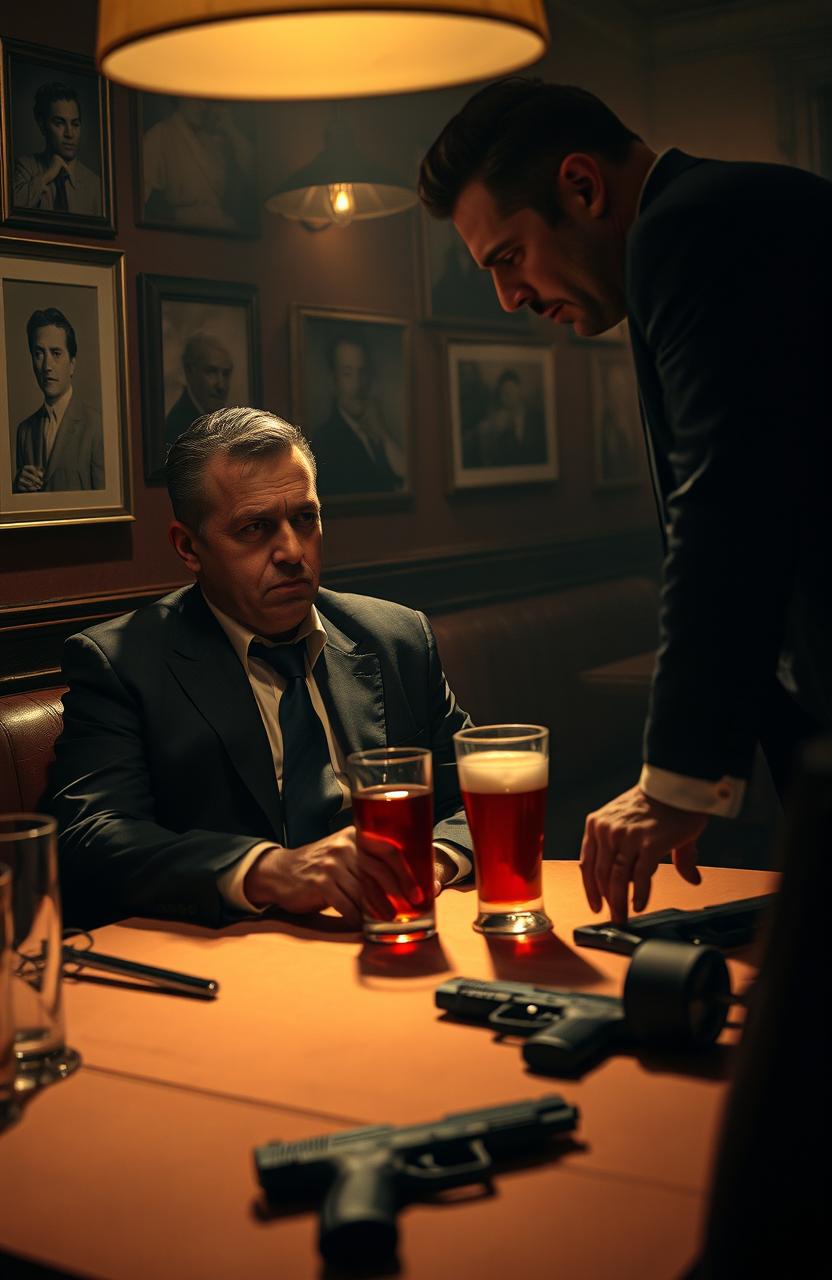 A dramatic scene set in a dimly lit Italian restaurant, showcasing a tense confrontation between mafia members