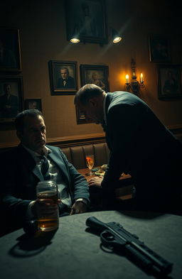 A dramatic scene set in a dimly lit Italian restaurant, showcasing a tense confrontation between mafia members