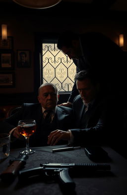 A dramatic scene set in a dimly lit Italian restaurant, showcasing a tense confrontation between mafia members