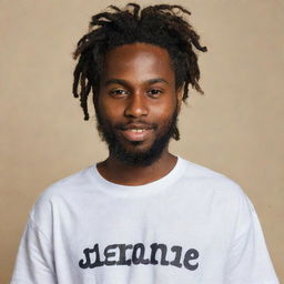 A handsome dark-skinned boy with a beard and dreadlocks. He's wearing a shirt with the word 'Jamine' written on the front of it.