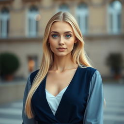 A beautiful 25-year-old Slavic woman with long blonde hair, dressed modestly without any low-cut necklines or revealing parts