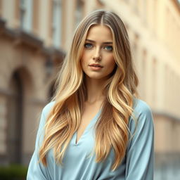 A beautiful 25-year-old Slavic woman with long blonde hair, dressed modestly without any low-cut necklines or revealing parts