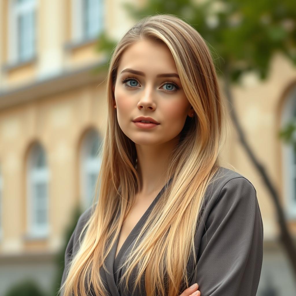 A beautiful 25-year-old Slavic woman with long blonde hair, dressed modestly without any low-cut necklines or revealing parts