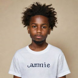 A handsome dark-skinned boy with a beard and dreadlocks. He's wearing a shirt with the word 'Jamine' written on the front of it.