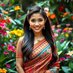 A stunning Thai beauty wearing a traditional Mekhela, showcasing intricate patterns and vibrant colors