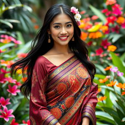 A stunning Thai beauty wearing a traditional Mekhela, showcasing intricate patterns and vibrant colors