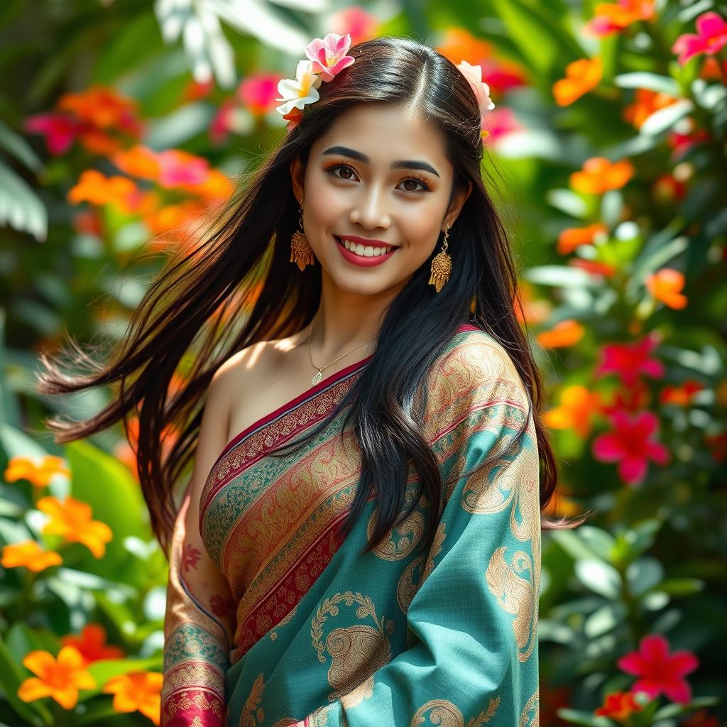 A stunning Thai beauty wearing a traditional Mekhela, showcasing intricate patterns and vibrant colors