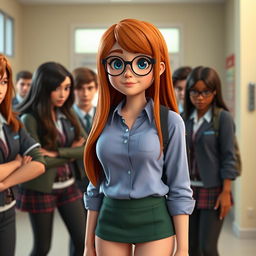 A scene set in Bullworth Academy showing Beatrice, a girl with long auburn hair and striking blue eyes wearing stylish glasses