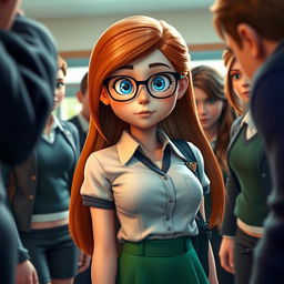 A scene set in Bullworth Academy showing Beatrice, a girl with long auburn hair and striking blue eyes wearing stylish glasses