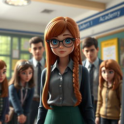 A scene set in Bullworth Academy showing Beatrice, a girl with long auburn hair and striking blue eyes wearing stylish glasses