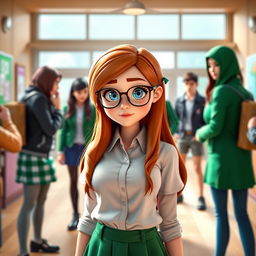 A scene set in Bullworth Academy showing Beatrice, a girl with long auburn hair and striking blue eyes wearing stylish glasses