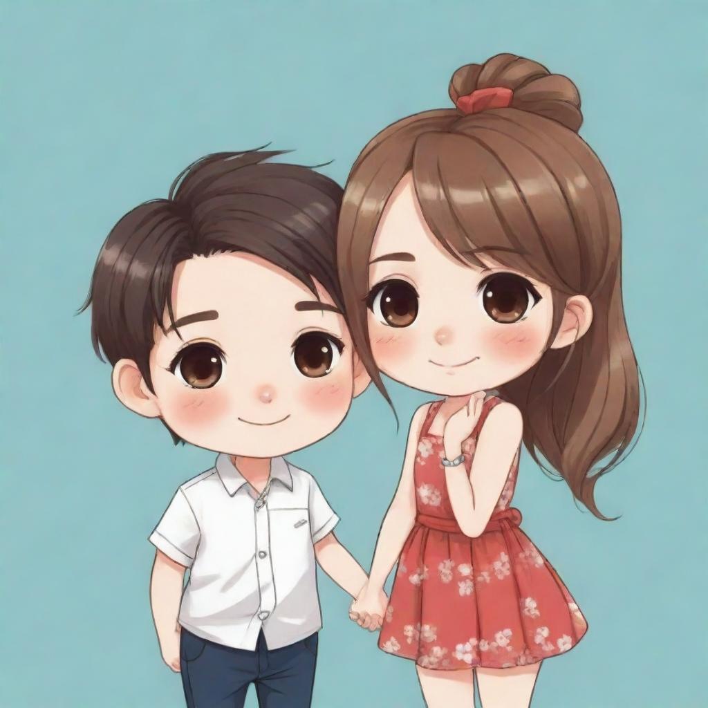 Adorable chibi-style illustration of a cute, loving couple