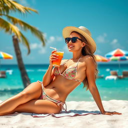 A beautiful woman lounging on a beach during the summer, wearing a stylish bikini and large sunglasses, with a vibrant ocean and clear skies in the background