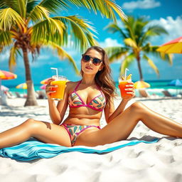 A beautiful woman lounging on a beach during the summer, wearing a stylish bikini and large sunglasses, with a vibrant ocean and clear skies in the background