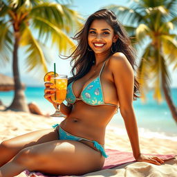 A stunning Indian woman with a voluptuous figure, lounging on a sun-kissed beach during summer