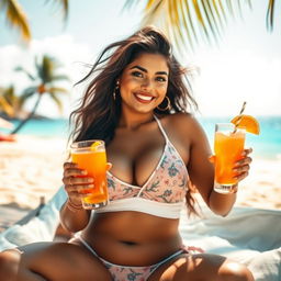 A stunning Indian woman with a voluptuous figure, lounging on a sun-kissed beach during summer