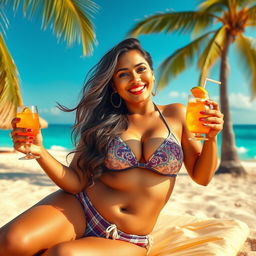 A stunning Indian woman with a voluptuous figure, lounging on a sun-kissed beach during summer