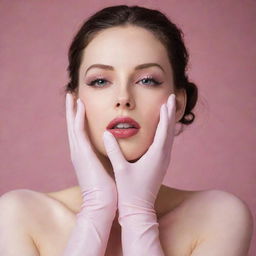 A tasteful image of a girl in tight, long, pinkish-white latex gloves elegantly caressing her face, showcasing her hands.