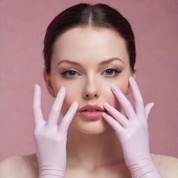 A tasteful image of a girl in tight, long, pinkish-white latex gloves elegantly caressing her face, showcasing her hands.