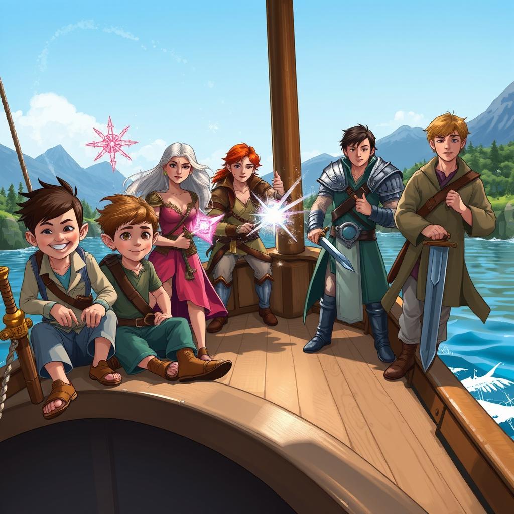 A lively scene on a boat featuring a diverse group of adventurers