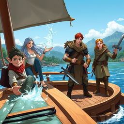 A lively scene on a boat featuring a diverse group of adventurers