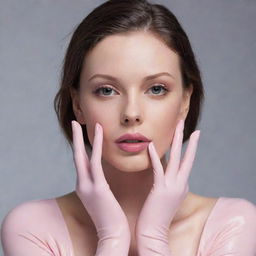 A tasteful image of a girl in tight, long, pinkish-white latex gloves elegantly caressing her face, showcasing her hands.