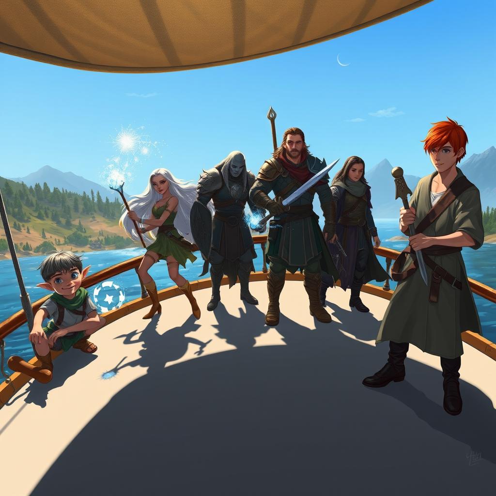 A dynamic scene on a boat featuring a diverse group of adventurers cast in intriguing shadows