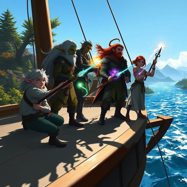 A dynamic scene on a boat featuring a diverse group of adventurers cast in intriguing shadows