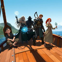 A dynamic scene on a boat featuring a diverse group of adventurers cast in intriguing shadows