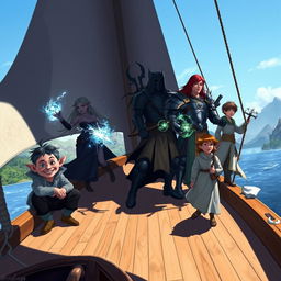 A dynamic scene on a boat featuring a diverse group of adventurers cast in intriguing shadows