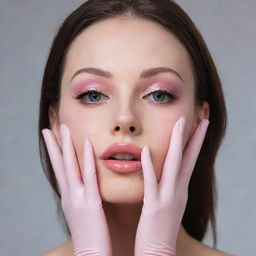 A tasteful image of a girl in tight, long, pinkish-white latex gloves elegantly caressing her face, showcasing her hands.