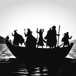 A striking black and white scene on a boat featuring silhouettes of a diverse group of adventurers