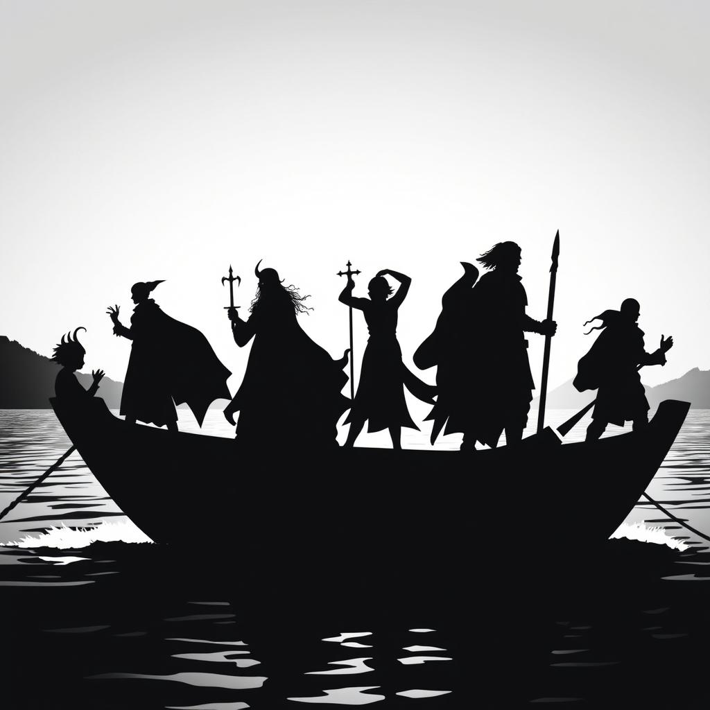 A striking black and white scene on a boat featuring silhouettes of a diverse group of adventurers